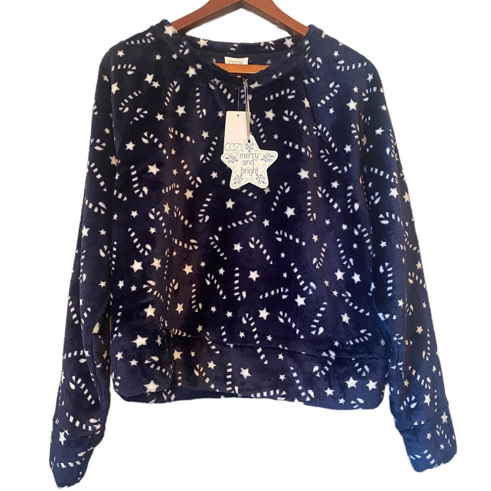 Cozie by Pink Rose Navy Blue and White Candy Cane Long Sleeved Sweatshirt